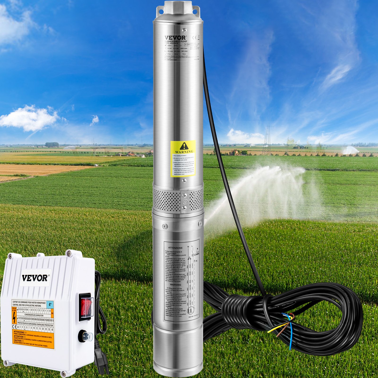Bomba sumergible para pozo profundo VEVOR, 3 HP, 230 V/60 Hz, 37 GPM, 640 pies de altura, con cable de 33 pies y caja de control externa, bombas de agua de acero inoxidable de 4 pulgadas para uso industrial, de riego y doméstico, resistente al agua IP68.