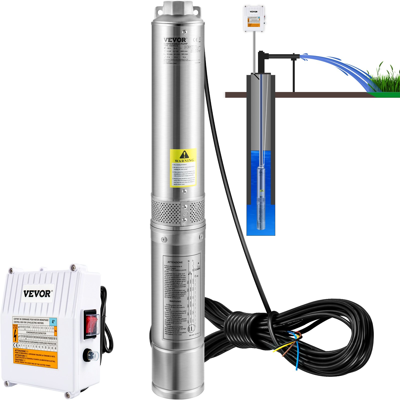 Bomba sumergible para pozo profundo VEVOR, 3 HP, 230 V/60 Hz, 37 GPM, 640 pies de altura, con cable de 33 pies y caja de control externa, bombas de agua de acero inoxidable de 4 pulgadas para uso industrial, de riego y doméstico, resistente al agua IP68.