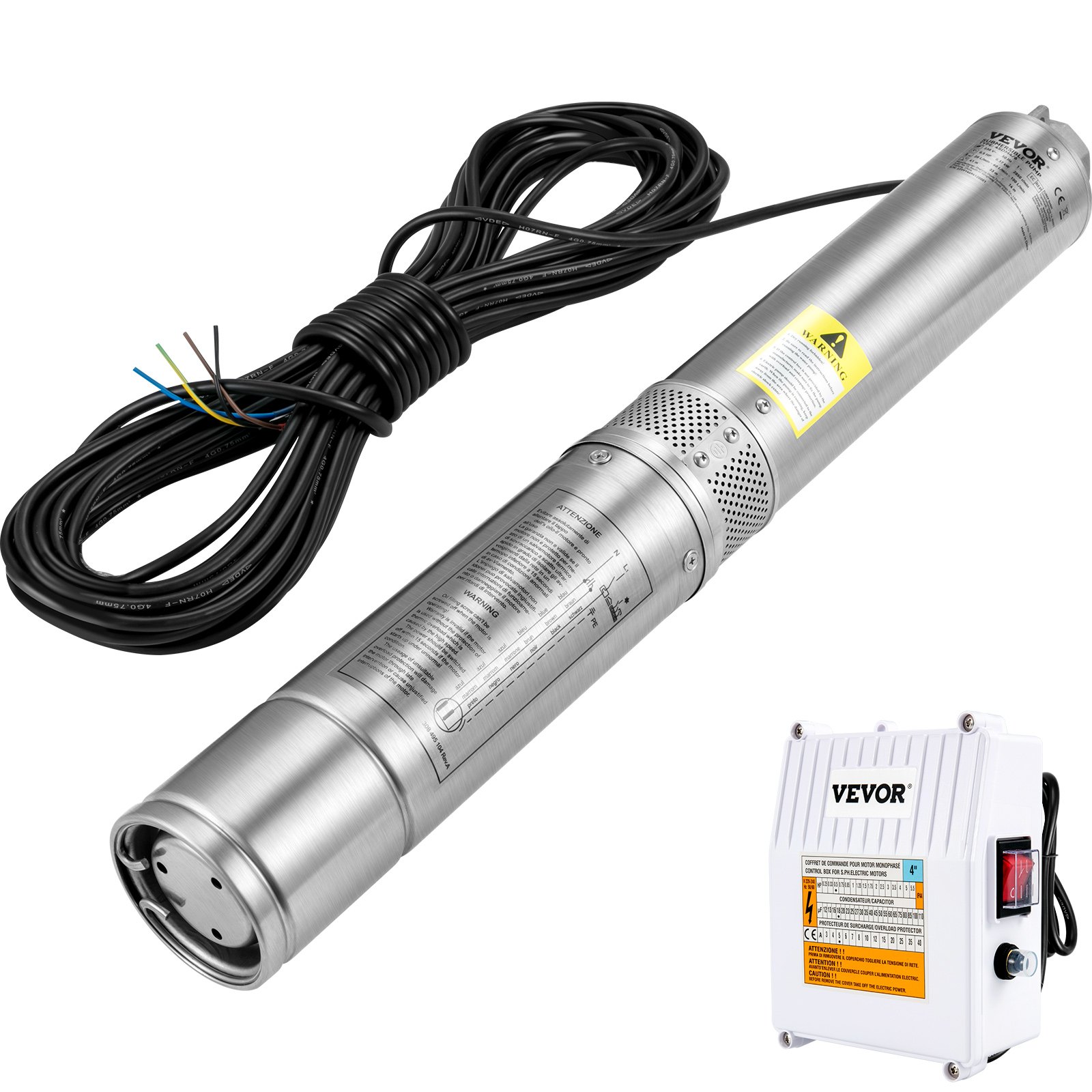 Bomba sumergible para pozo profundo VEVOR, 3 HP, 230 V/60 Hz, 37 GPM, 640 pies de altura, con cable de 33 pies y caja de control externa, bombas de agua de acero inoxidable de 4 pulgadas para uso industrial, de riego y doméstico, resistente al agua IP68.