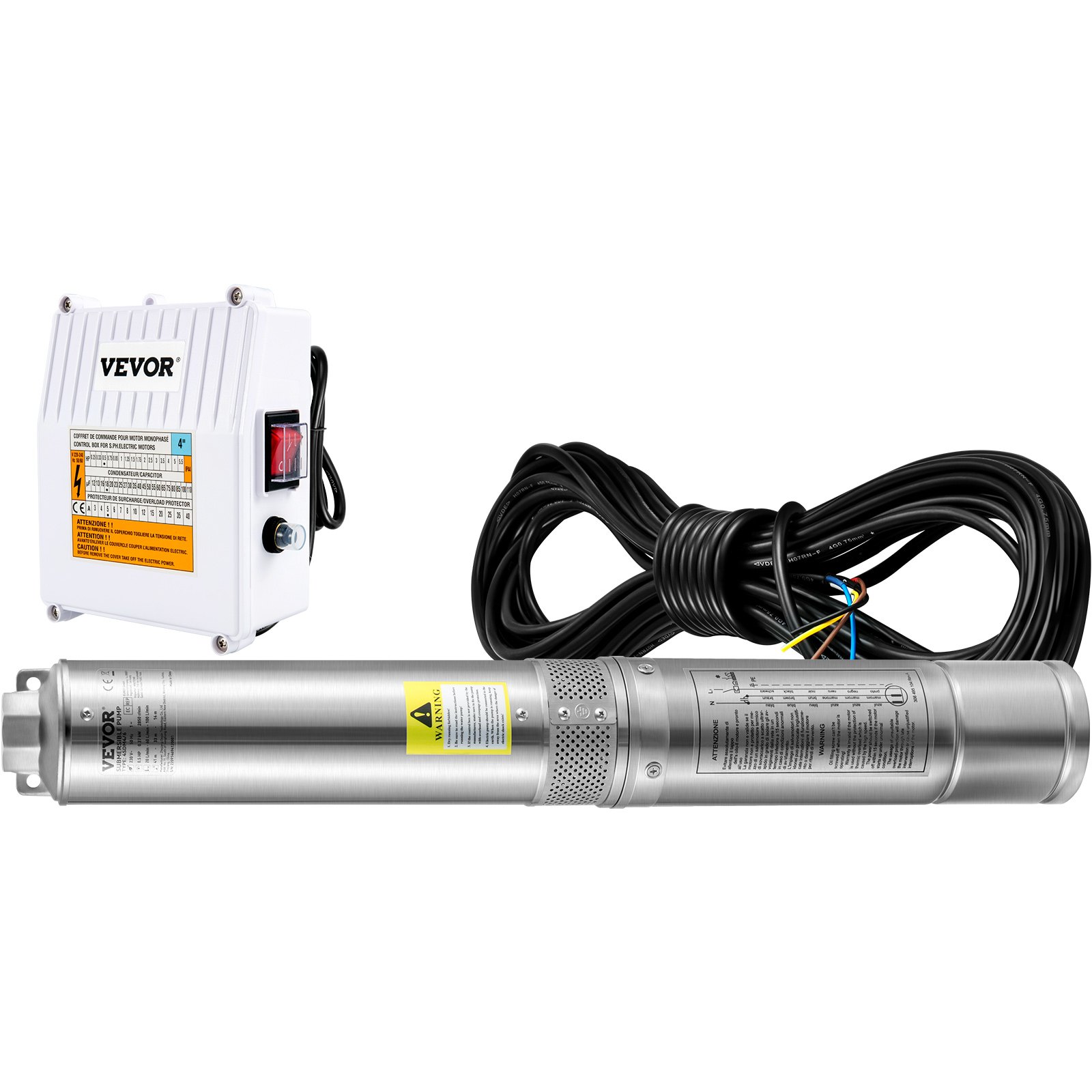 Bomba sumergible para pozo profundo VEVOR, 3 HP, 230 V/60 Hz, 37 GPM, 640 pies de altura, con cable de 33 pies y caja de control externa, bombas de agua de acero inoxidable de 4 pulgadas para uso industrial, de riego y doméstico, resistente al agua IP68.