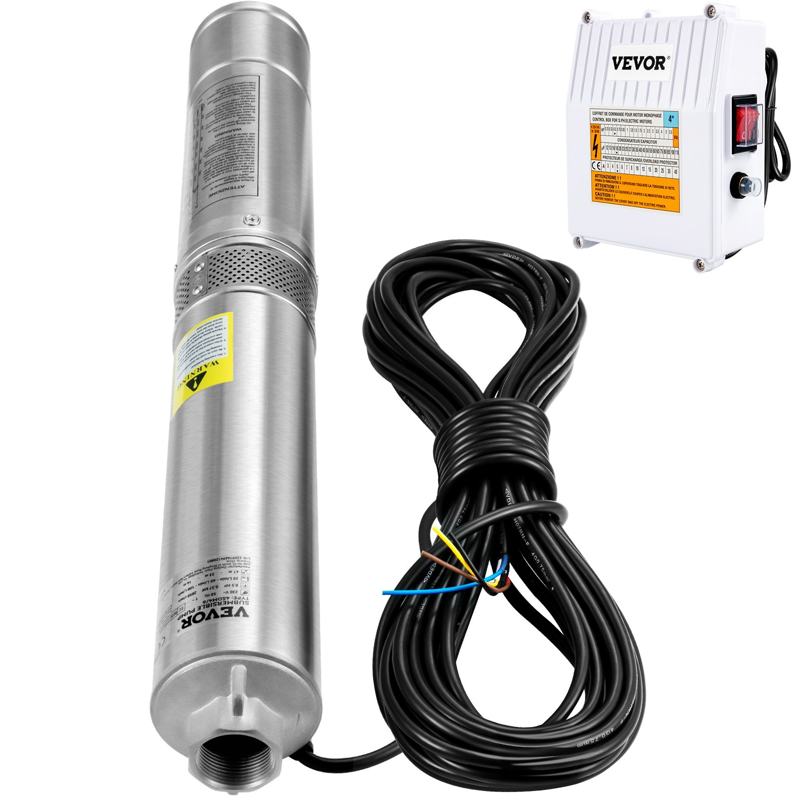 Bomba sumergible para pozo profundo VEVOR, 3 HP, 230 V/60 Hz, 37 GPM, 640 pies de altura, con cable de 33 pies y caja de control externa, bombas de agua de acero inoxidable de 4 pulgadas para uso industrial, de riego y doméstico, resistente al agua IP68.