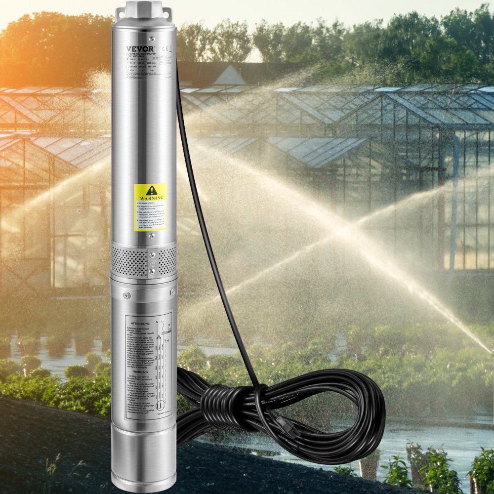 Bomba sumergible para pozo profundo VEVOR, 0.5 HP, 115 V/60 Hz, caudal de 28 gpm, altura de elevación de 50 m, con cable eléctrico de 10 m, bomba de agua de acero inoxidable de 10 cm para uso industrial, riego y doméstico, grado de impermeabilidad IP68.
