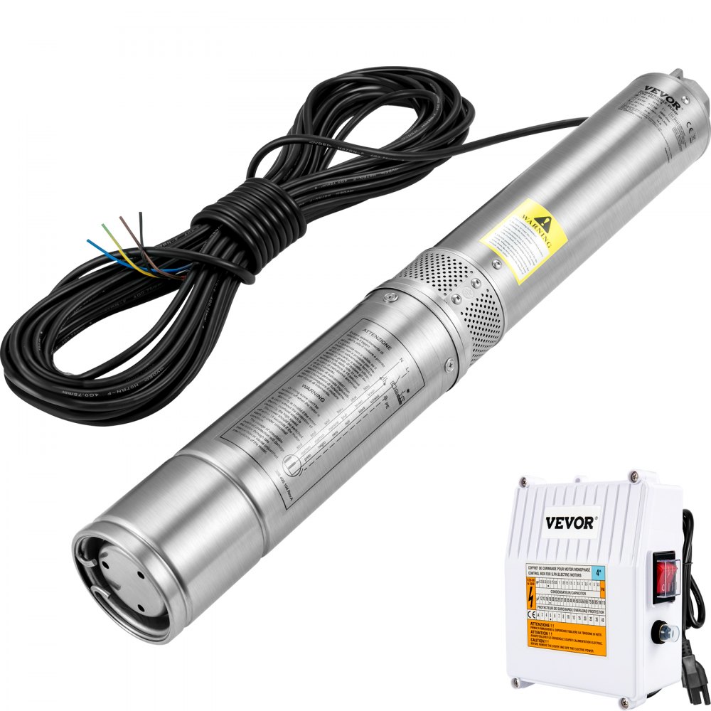 Bomba sumergible para pozo profundo VEVOR, 1.5 HP, 115 V/60 Hz, 37 gpm, 84 m de altura de elevación, con cable de 10 m y caja de control externa, bomba de agua de acero inoxidable de 10 cm para uso industrial, riego y doméstico, resistente al agua IP68.