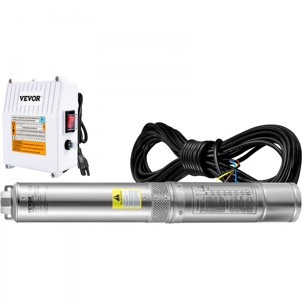 Bomba sumergible para pozo profundo VEVOR, 1.5 HP, 115 V/60 Hz, 37 gpm, 84 m de altura de elevación, con cable de 10 m y caja de control externa, bomba de agua de acero inoxidable de 10 cm para uso industrial, riego y doméstico, resistente al agua IP68.