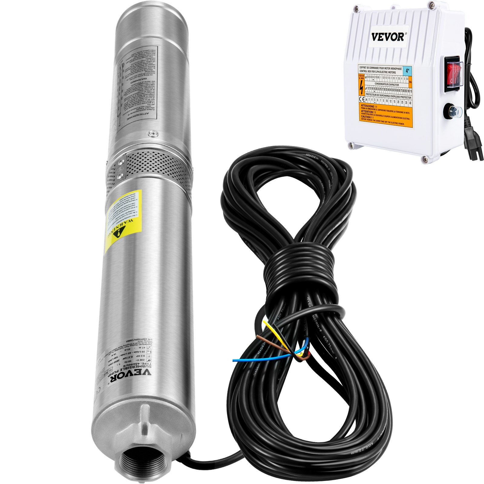 Bomba sumergible para pozo profundo VEVOR, 1.5 HP, 115 V/60 Hz, 37 gpm, 84 m de altura de elevación, con cable de 10 m y caja de control externa, bomba de agua de acero inoxidable de 10 cm para uso industrial, riego y doméstico, resistente al agua IP68.