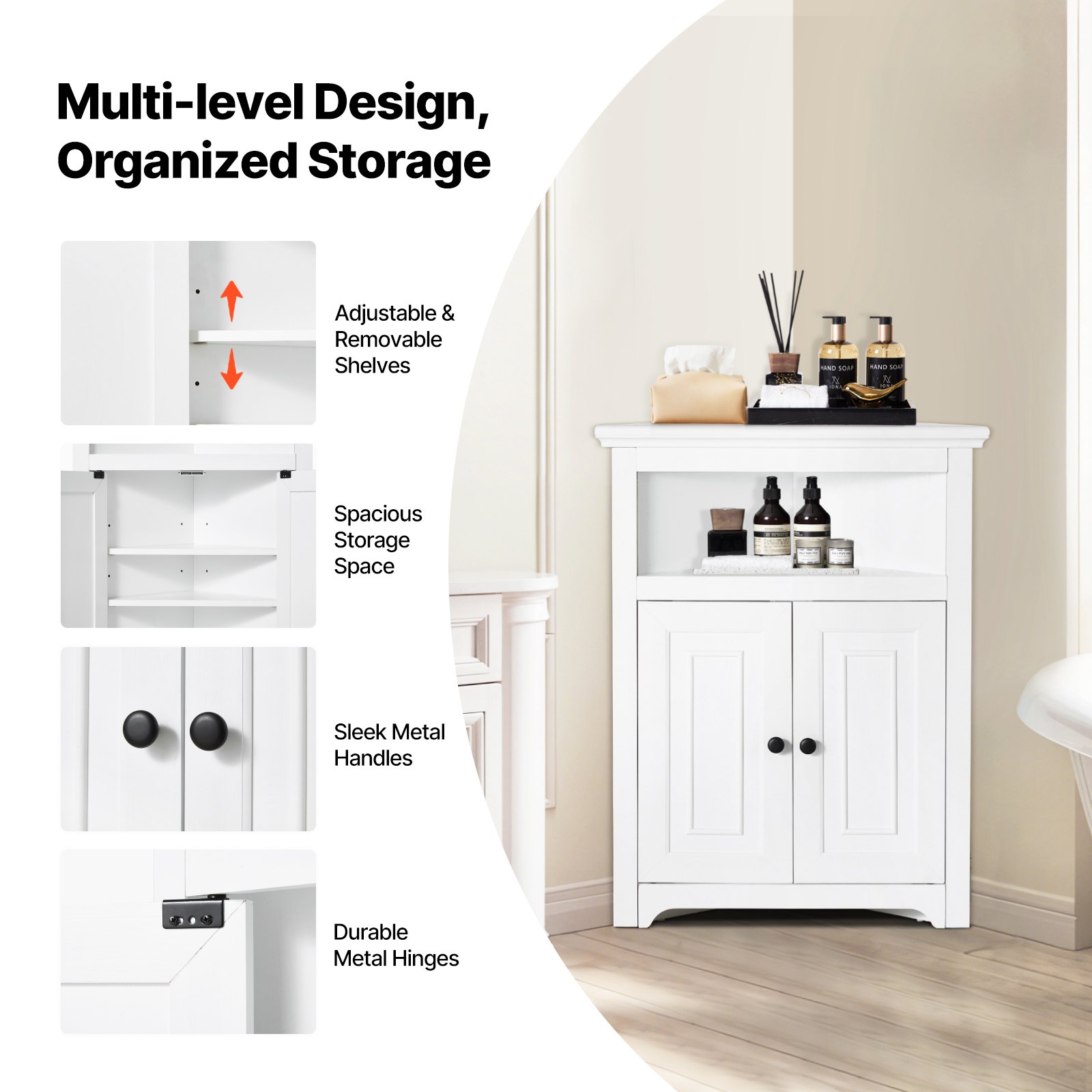 VEVOR - Armario de esquina de 81 cm, pequeño, de 3 niveles, con 2 puertas de madera y estantes ajustables, ideal para cocina, salón, lavandería y baño. Color blanco.