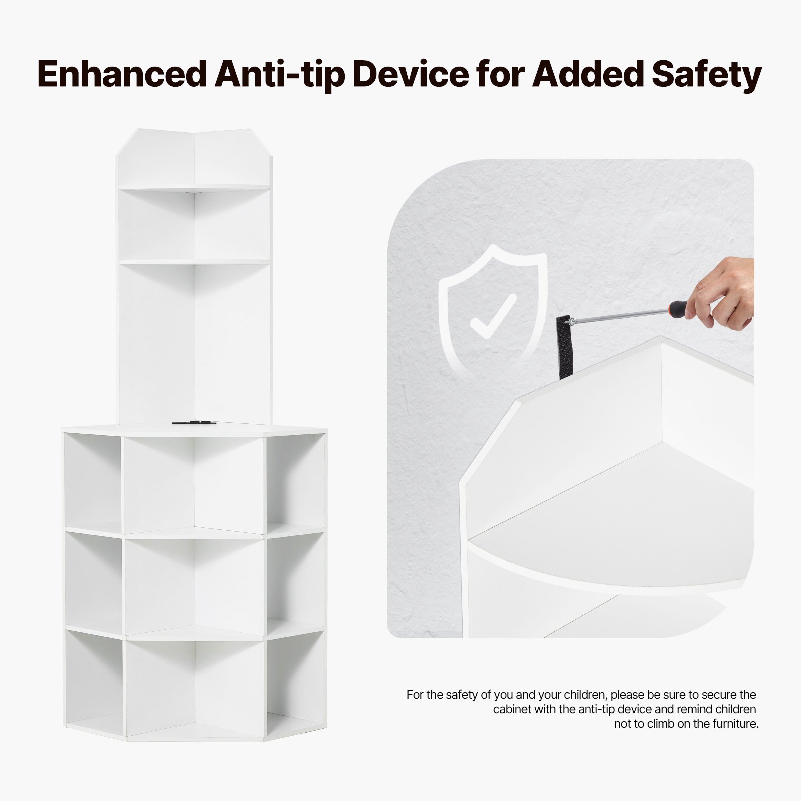 VEVOR - Armario de almacenamiento esquinero de 162 cm de alto, de madera de 6 niveles con puertos USB y enchufes, y estantes ajustables. Armario esquinero independiente para sala de estar, cocina y lavadero, color blanco.