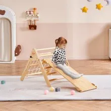 VEVOR Pikler Triangle Set, 4 en 1, juguetes de escalada para niños pequeños, parque infantil interior, gimnasio de escalada de madera de gran tamaño para niños de 1 a 3 años, juego de escalada Montessori con triángulo y rampa, color madera