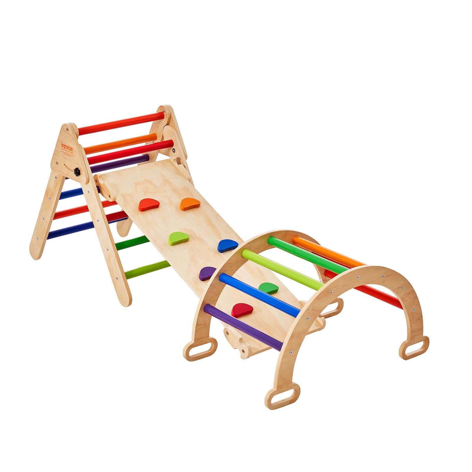 VEVOR Pikler Juego de triángulos 5 en 1, juguetes de escalada para niños pequeños, parque infantil interior, rampa y arco, juego de escalada Montessori con triángulo, gimnasio de escalada de madera de tamaño mediano para niños de 1 a 3 años, colorido