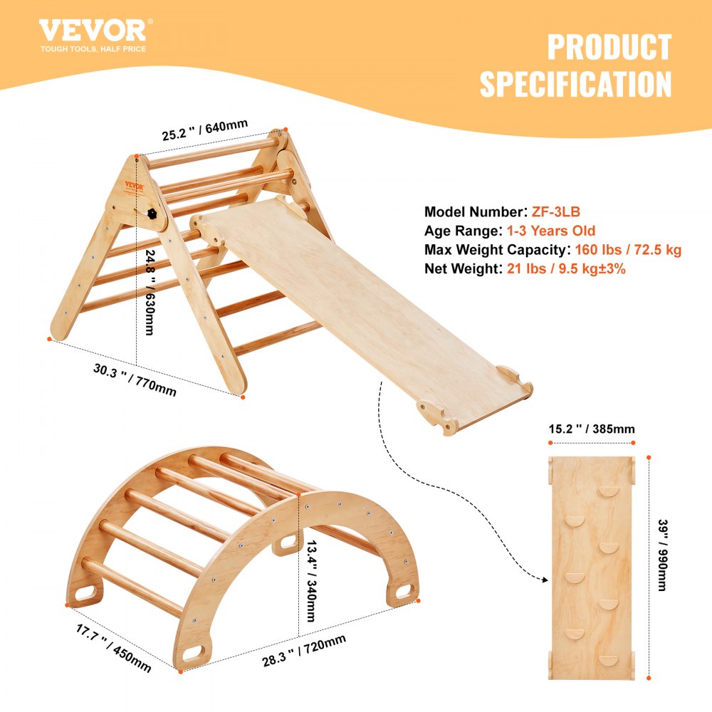 VEVOR Pikler Triangle Set, 5 en 1, juguetes de escalada para niños pequeños, parque infantil interior, rampa y arco, juego de escalada Montessori con triángulo, gimnasio de escalada de madera de gran tamaño para niños de 1 a 3 años, color madera