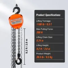 Polipasto de cadena manual VEVOR, 1/2 tonelada, capacidad de 1100 libras, 10 pies, acero al carbono galvanizado G80 con freno de doble trinquete, cadena automática y gancho de rotación de 360°, para muelle de fábrica de garaje