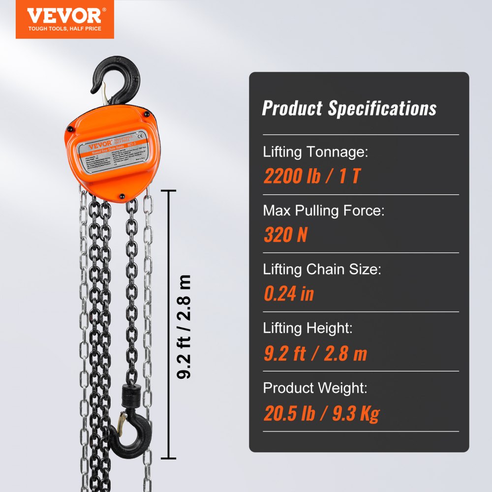 Polipasto de cadena manual VEVOR con capacidad de elevación de 2200 lb, altura de 9,2 pies y tamaño de cadena de 0,24 pulgadas.