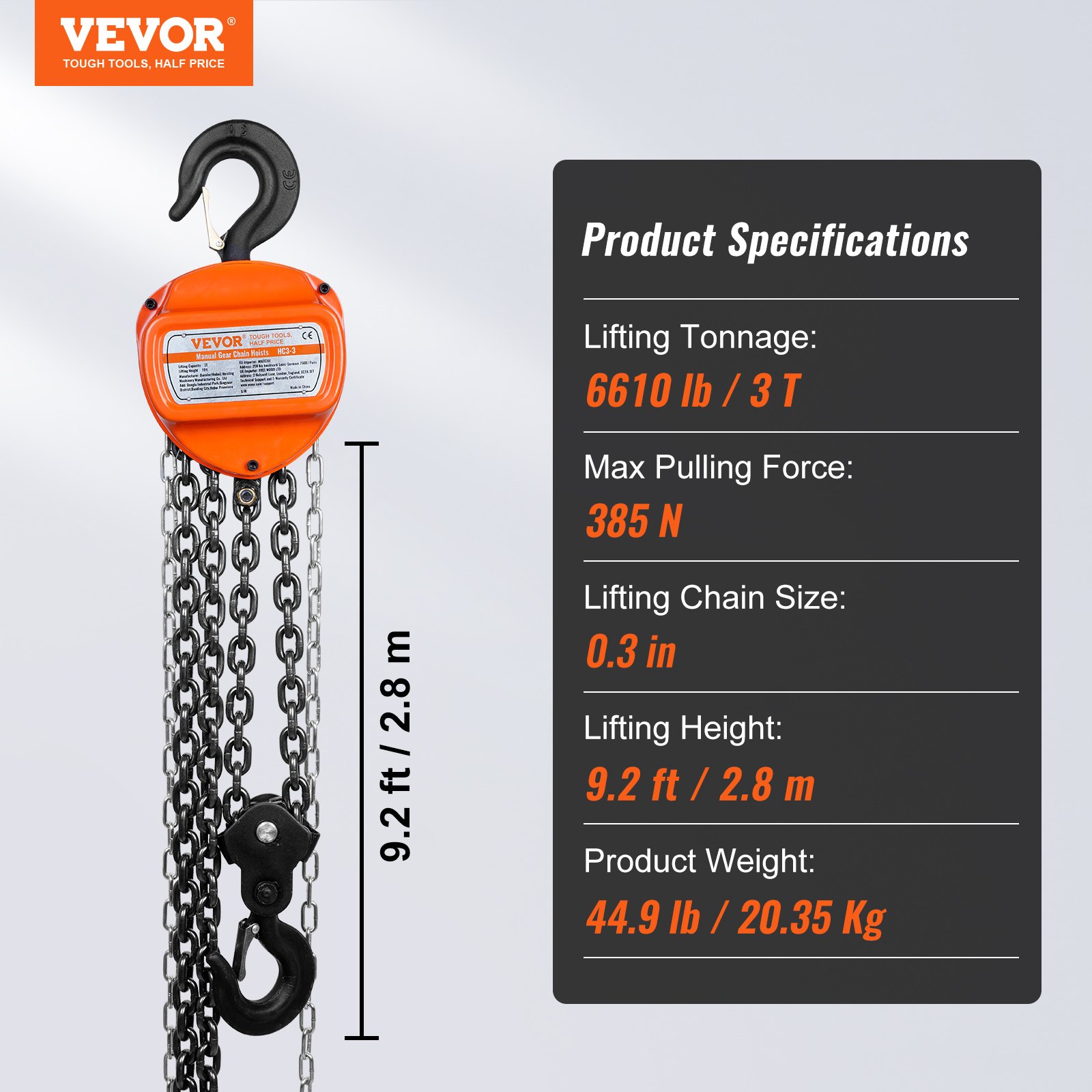 Polipasto de cadena manual VEVOR, capacidad de elevación de 6610 lb, altura de 9,2 pies, fuerza de tracción de 385 n, peso de 20,35 kg.