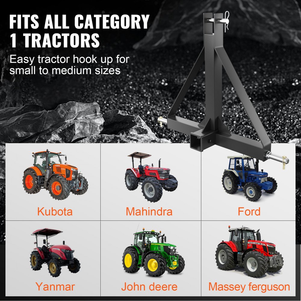 Receptor de enganche de 3 puntos VEVOR, adaptador de barra de remolque de 3 puntos y 2" para tractor de categoría 1 con pasadores, compatible con Kubota, Mahindra, Ford, Yanmar, John Deere y Massey Ferguson.