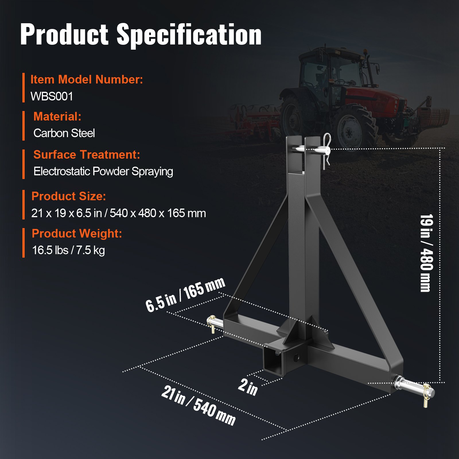 Receptor de enganche de 3 puntos VEVOR, adaptador de barra de remolque de 3 puntos y 2" para tractor de categoría 1 con pasadores, compatible con Kubota, Mahindra, Ford, Yanmar, John Deere y Massey Ferguson.