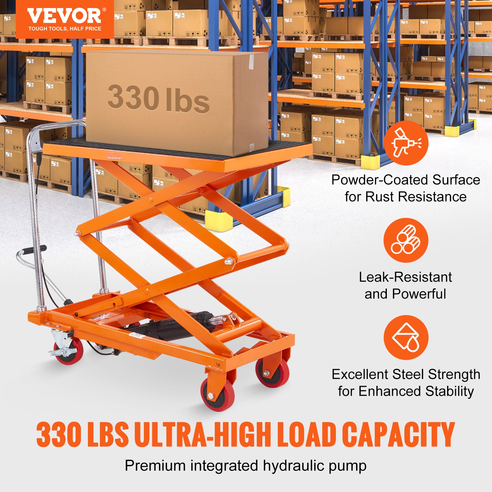 VEVOR Carro de mesa elevadora hidráulica, capacidad de 330 libras, altura de elevación de 50 pulgadas, mesa elevadora manual de tijera doble con 4 ruedas y almohadilla antideslizante, carro de tijera