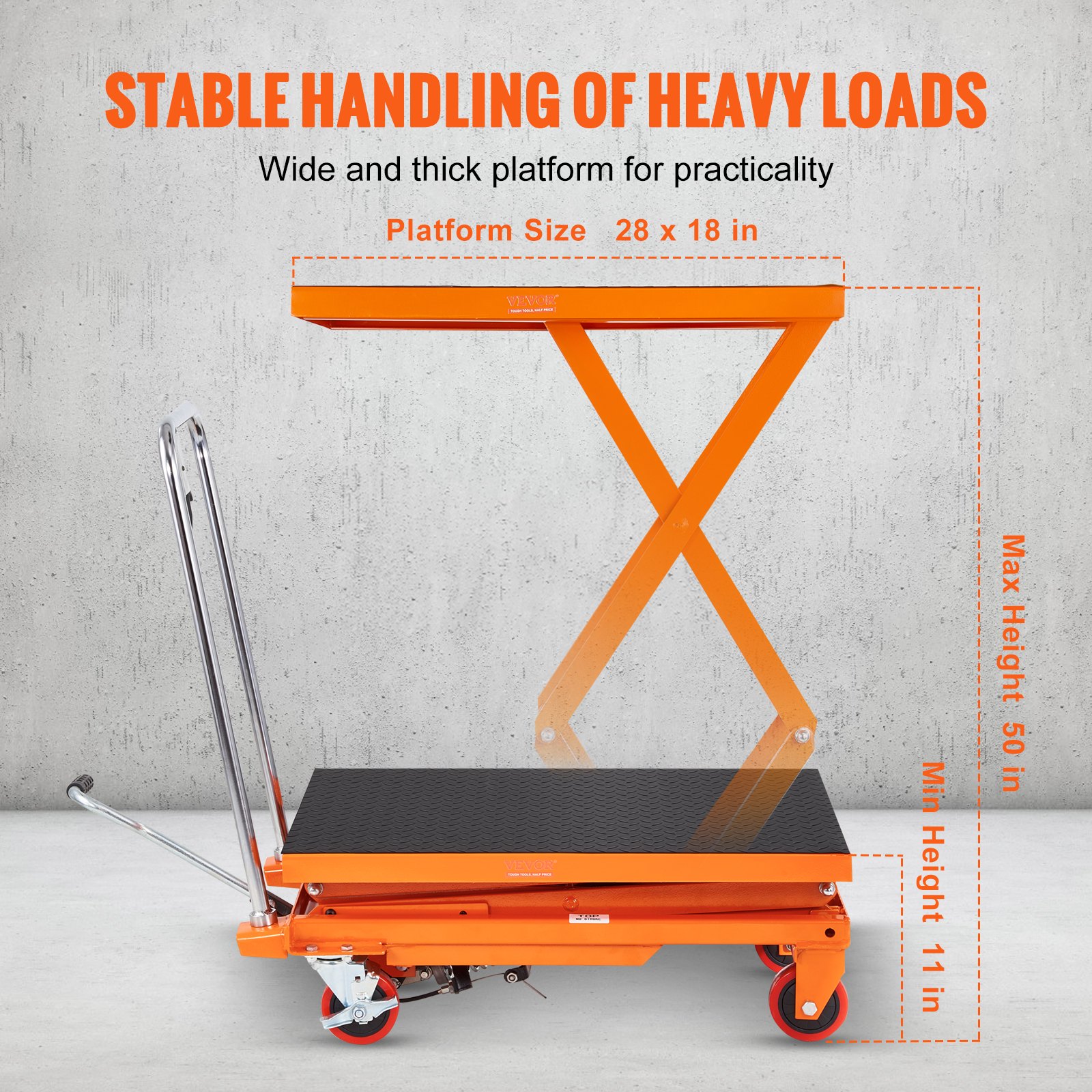 VEVOR Carro de mesa elevadora hidráulica, capacidad de 330 libras, altura de elevación de 50 pulgadas, mesa elevadora manual de tijera doble con 4 ruedas y almohadilla antideslizante, carro de tijera