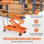 Mesa elevadora hidráulica VEVOR, capacidad de 800 kg, altura de elevación de 140 cm, mesa elevadora manual de doble tijera con 4 ruedas y almohadilla antideslizante, ideal para manipulación y transporte de materiales.