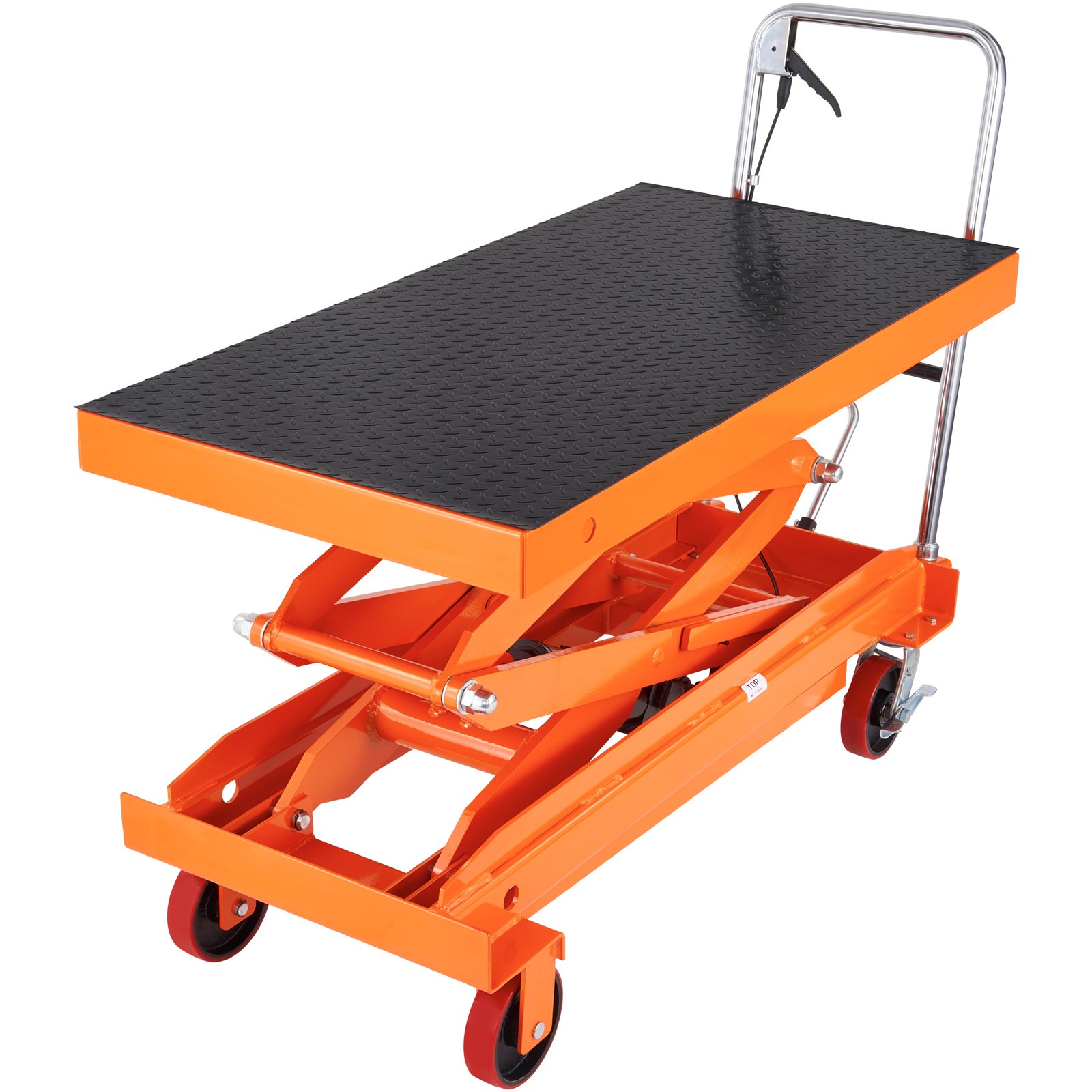 Mesa elevadora hidráulica VEVOR, capacidad de 800 kg, altura de elevación de 140 cm, mesa elevadora manual de doble tijera con 4 ruedas y almohadilla antideslizante, ideal para manipulación y transporte de materiales.