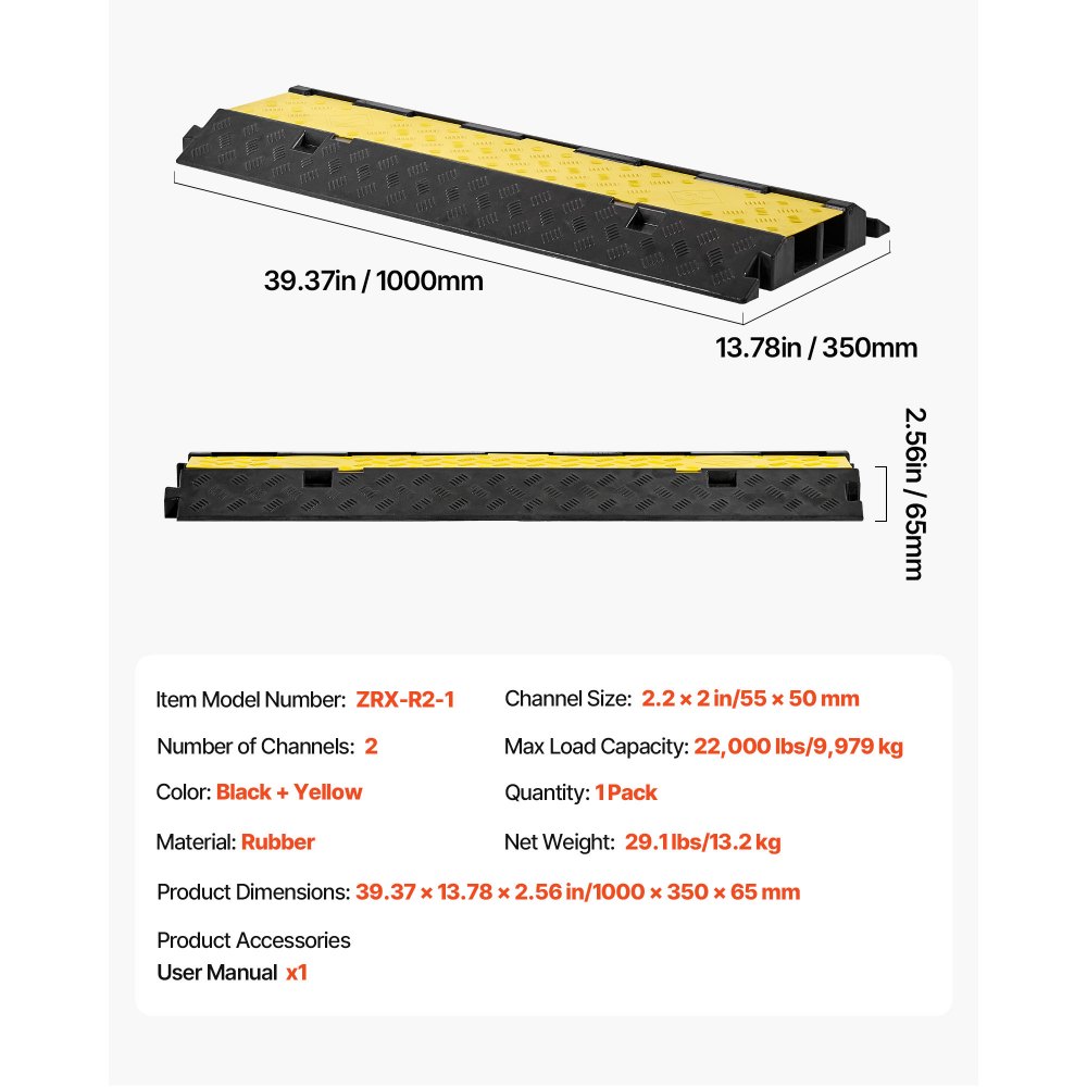 Rampa protectora de cables VEVOR, capacidad de 22 000 lb/eje, cubierta de cable de manguera de goma resistente de 2 canales, canal de 2,2 x 2 pulgadas, reductor de velocidad con tapa superior abatible, para interiores y exteriores, 1 paquete