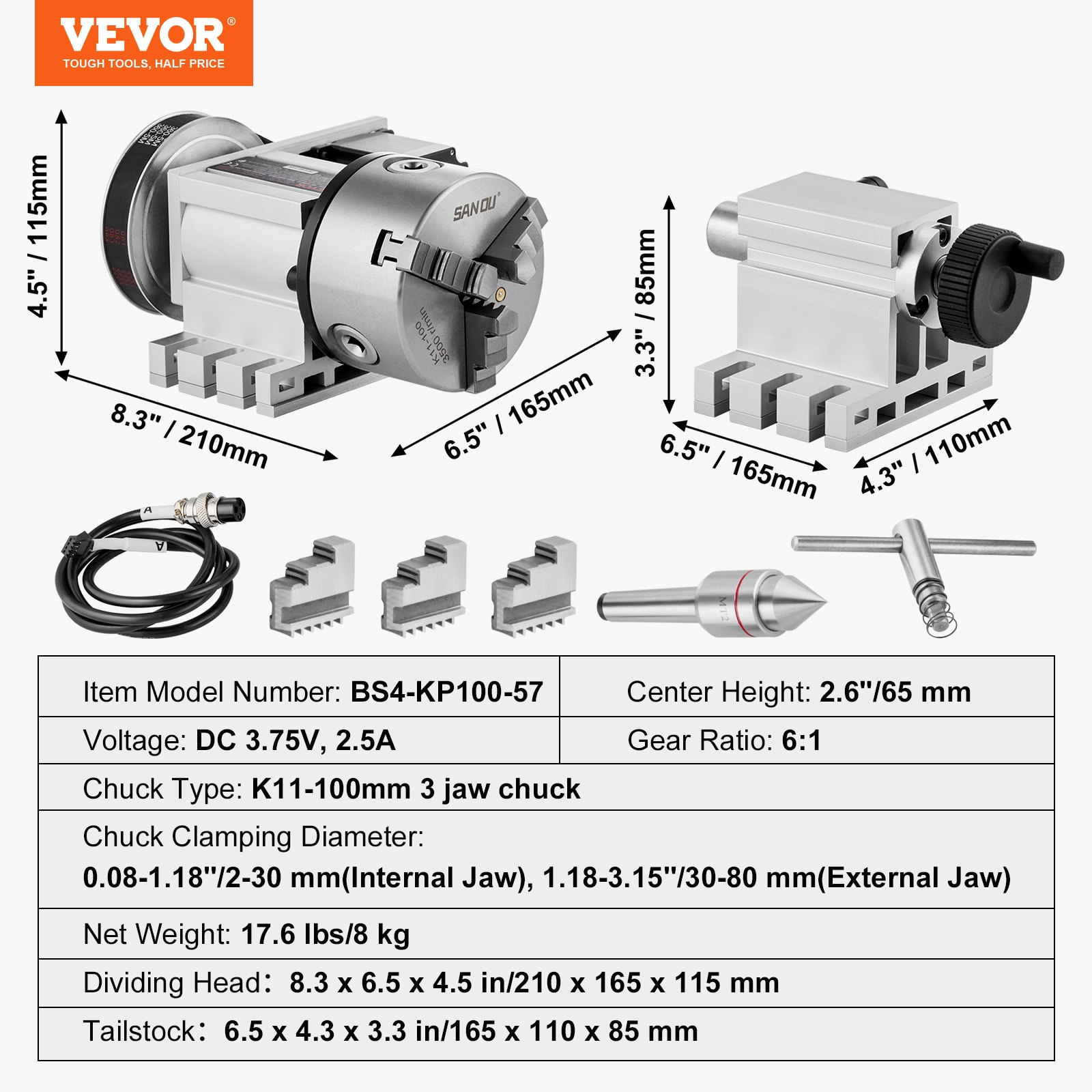 Cabezal divisor VEVOR con contrapunto, mandril de 3 mordazas k11-100 mm, altura de 6,5&quot; y relación de transmisión 6:1.