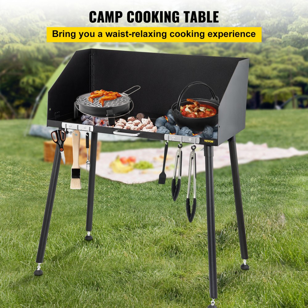 VEVOR Tuspuzz Mesa de Cocina de Acero al Carbono 38 x 16 Pulgadas con Parabrisas de Tres Caras y Patas para Preparar Comida al Aire Libre y Horno Holandés