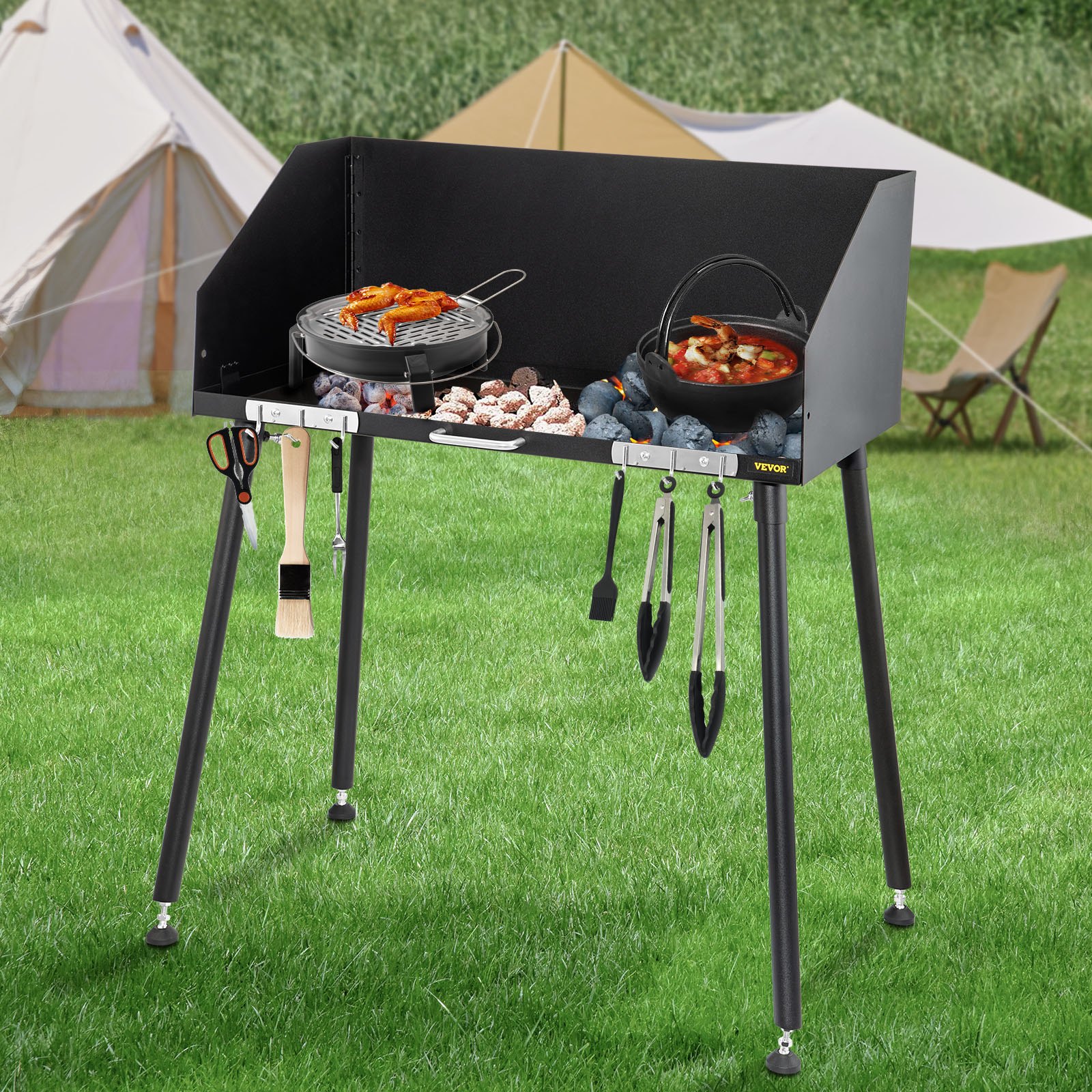 VEVOR Carbon Steel Camp Cooking Table 38 x 16 Inch with Three-Sided Windscreen and Legs for Outdoor Food Preparation and Dutch Oven