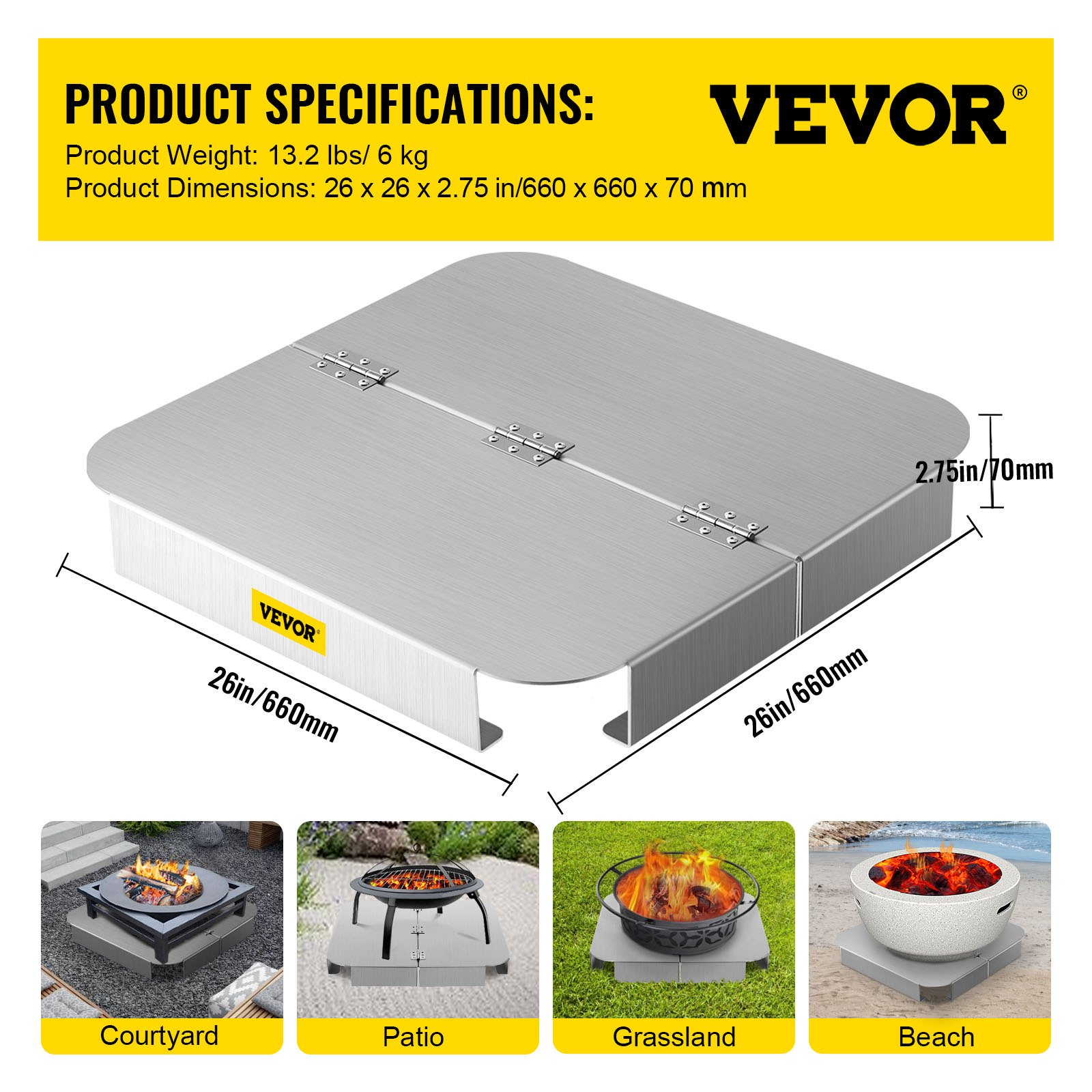 VEVOR Protector térmico para fogatas, 66 x 66 cm, protector de terraza y césped, deflector de calor para fogatas de alta temperatura, tapete para fogatas para proteger césped, almohadilla para fogatas al aire libre, hogueras, leña, cuadrado