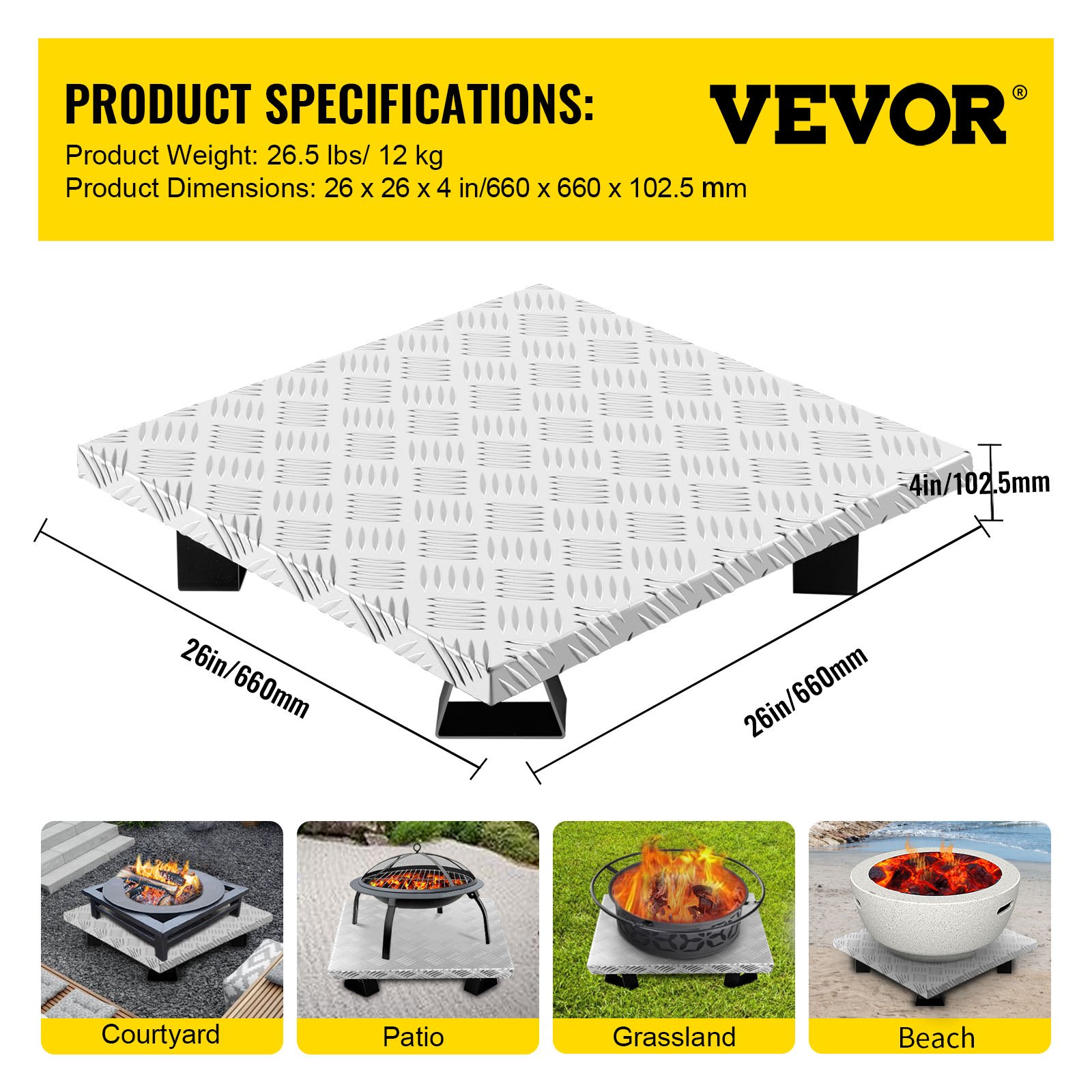 VEVOR Fire Pit Heat Shield, 26 x 26 pulgadas Defensor de cubierta y protector de césped, deflector de calor de acero al carbono de alta temperatura para protección de césped, almohadilla de hoguera para exteriores, hogueras, quema de madera, cuadrado
