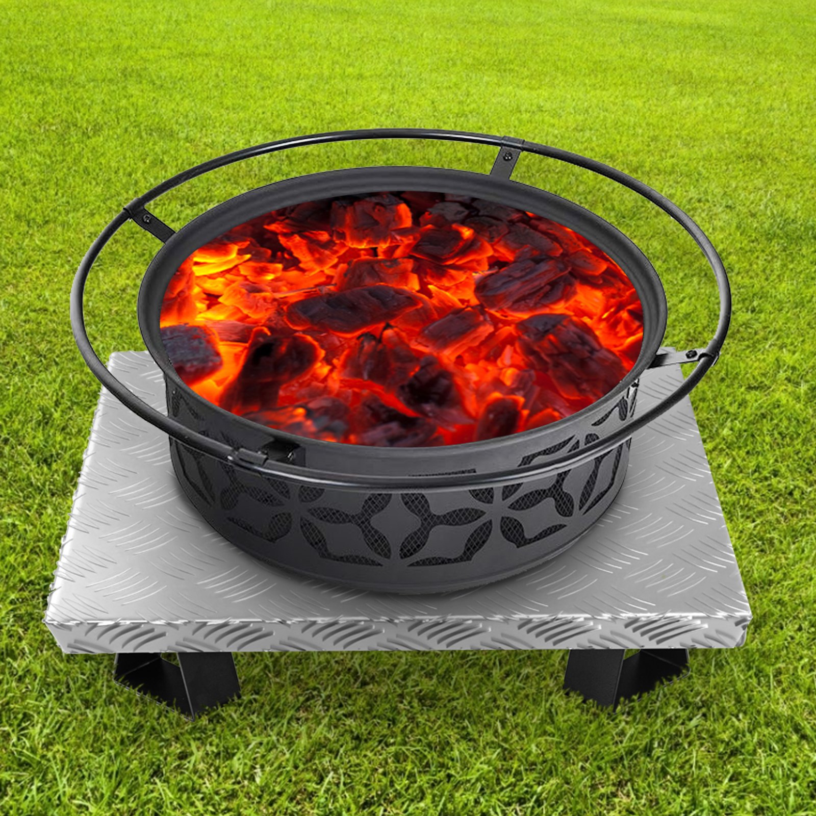 VEVOR Fire Pit Heat Shield, 26 x 26 pulgadas Defensor de cubierta y protector de césped, deflector de calor de acero al carbono de alta temperatura para protección de césped, almohadilla de hoguera para exteriores, hogueras, quema de madera, cuadrado