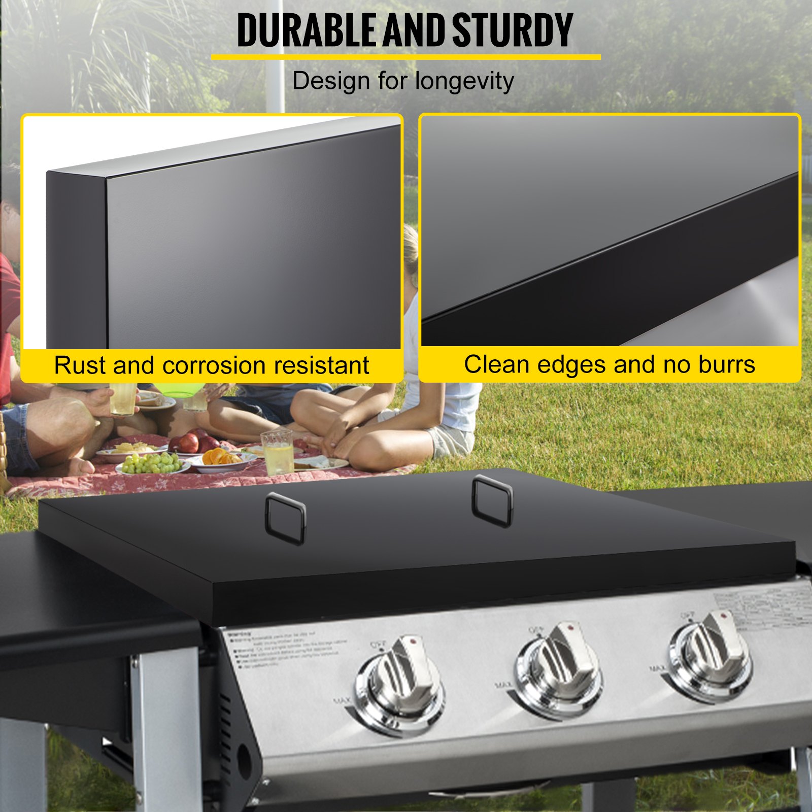 Cubierta de tapa de parrilla VEVOR, funciona con parrilla Blackstone de 36 pulgadas, cubierta de parrilla superior plana de acero al carbono negro con recubrimiento en polvo, cubierta dura de parrilla impermeable con mango resistente al calor