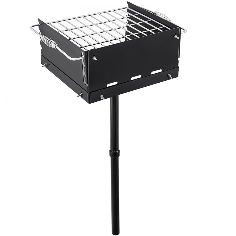 VEVOR Parrilla de carbón estilo parque de 40,6 x 40,6 x 20,3 cm con rejilla, poste único de acero al carbono, poste de 127 cm de altura, parrilla resistente para exteriores para barbacoa, camping y patio.
