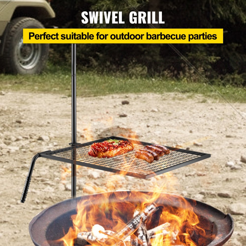 VEVOR Parrilla giratoria a fuego abierto con carne para barbacoa al aire libre.