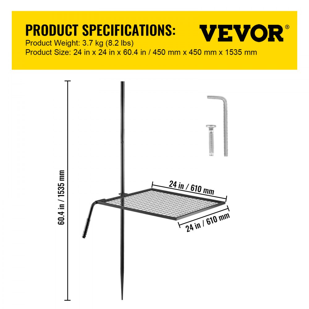 Parrilla giratoria VEVOR con dimensiones y detalles del producto sobre fondo blanco.