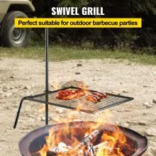 Parrilla giratoria VEVOR, parrilla para fogata de acero resistente, parrilla de fuego abierto de una sola capa, parrilla giratoria para fogata de 24" x 24" con mango de disipación de calor, estaca para parrilla de fogata para cocinar al aire libre con llama abierta