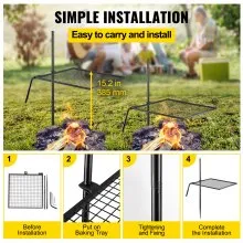 Parrilla giratoria VEVOR, parrilla para fogata de acero resistente, parrilla de fuego abierto de una sola capa, parrilla giratoria para fogata de 24" x 24" con mango de disipación de calor, estaca para parrilla de fogata para cocinar al aire libre con llama abierta