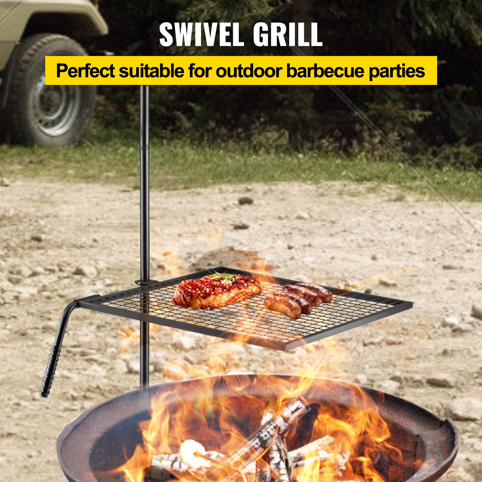 VEVOR Parrilla giratoria a fuego abierto con carne para barbacoa al aire libre.