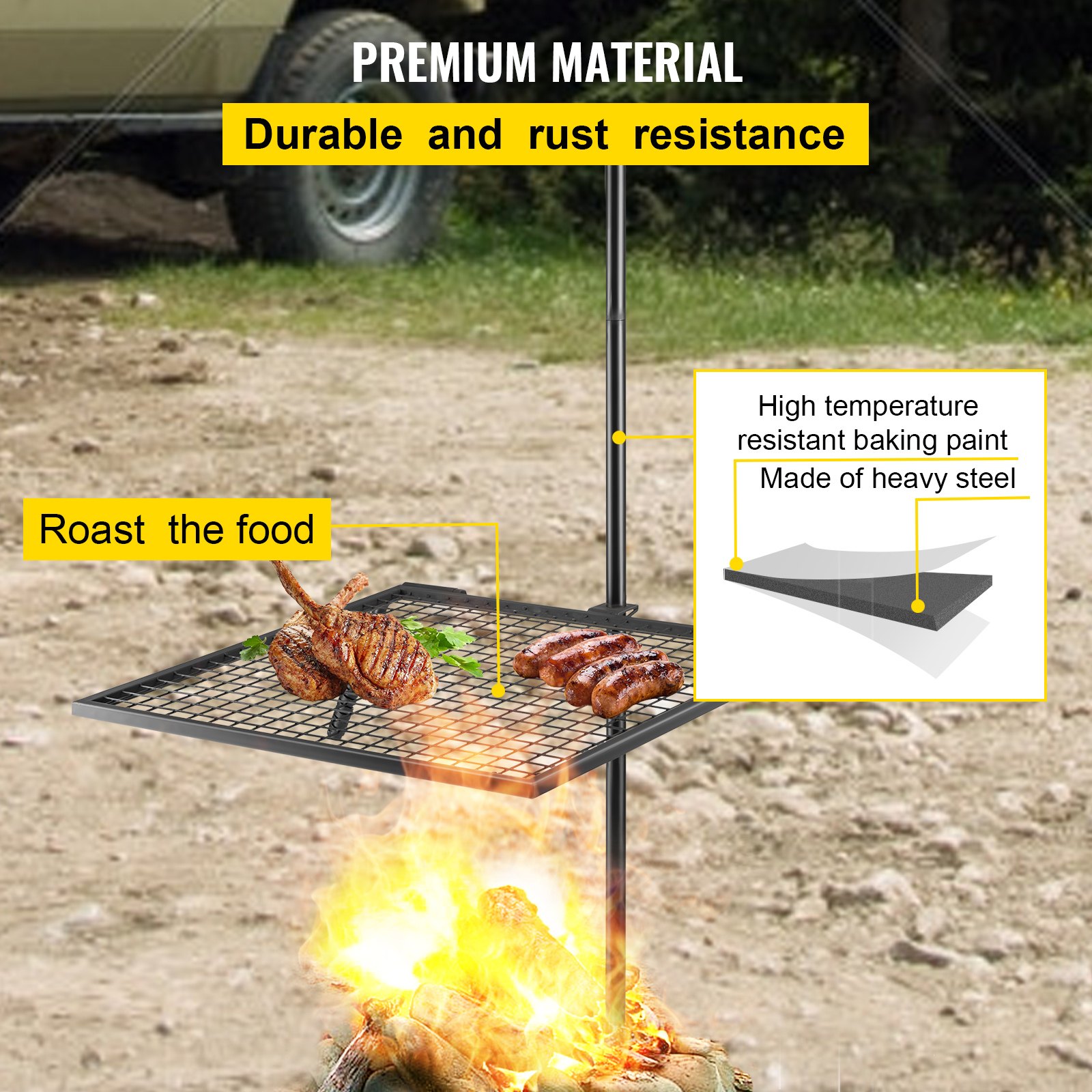 Parrilla giratoria VEVOR para asar carne sobre fogata, que muestra durabilidad y resistencia al óxido.