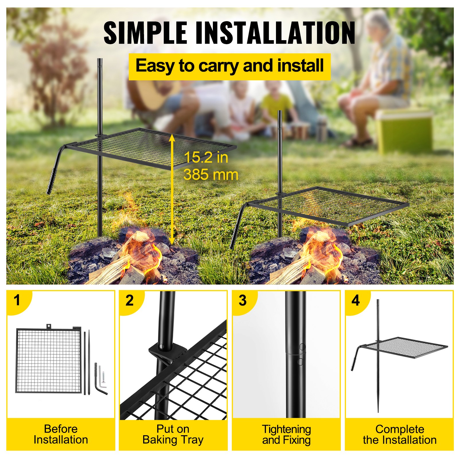 Pasos de instalación de la parrilla giratoria VEVOR con dimensiones de 15,2 pulgadas (385 mm); fácil de transportar.