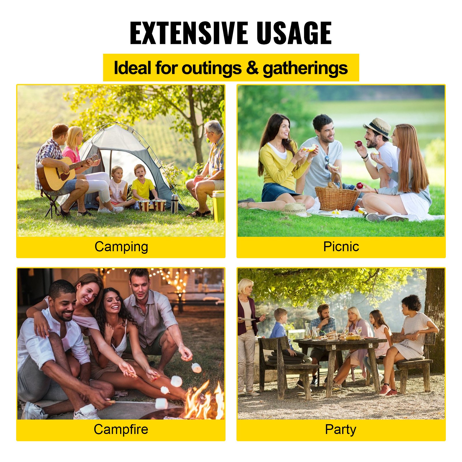 Escenas de campamento, picnic, fogatas y fiestas que muestran un uso extensivo de la parrilla giratoria VEVOR.