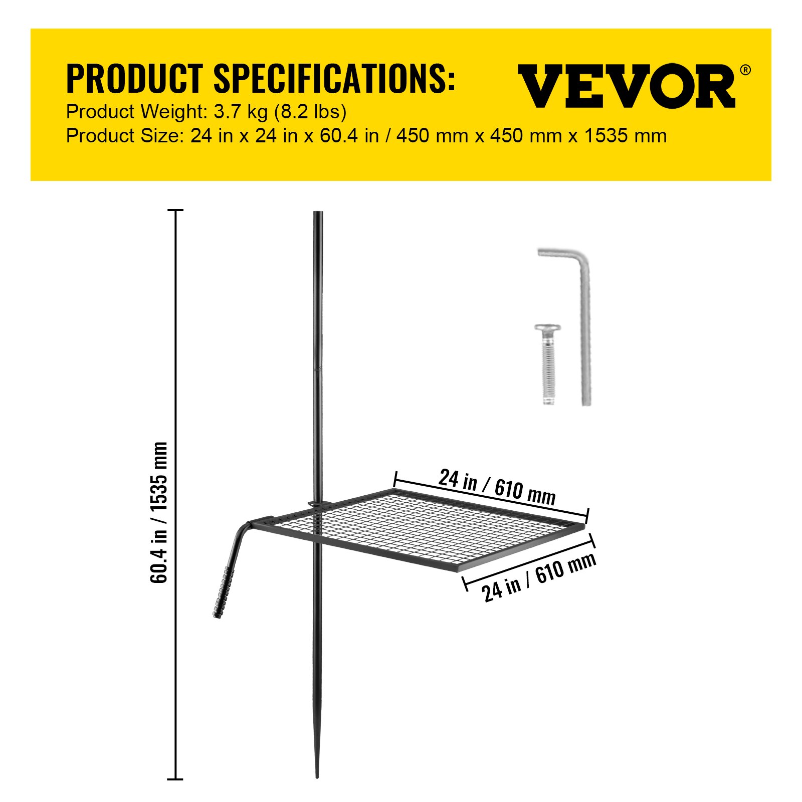 Parrilla giratoria VEVOR con dimensiones y detalles del producto sobre fondo blanco.