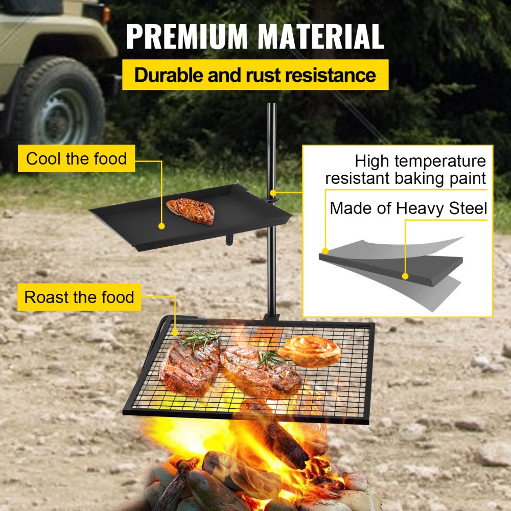 Rejilla para fogata VEVOR, de doble capa, con altura ajustable de tres secciones para cocinar al aire libre con llama abierta.