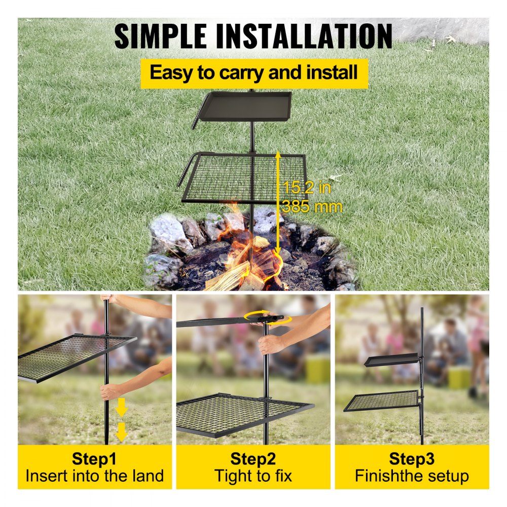Rejilla para fogata VEVOR, de doble capa, con altura ajustable de tres secciones para cocinar al aire libre con llama abierta.