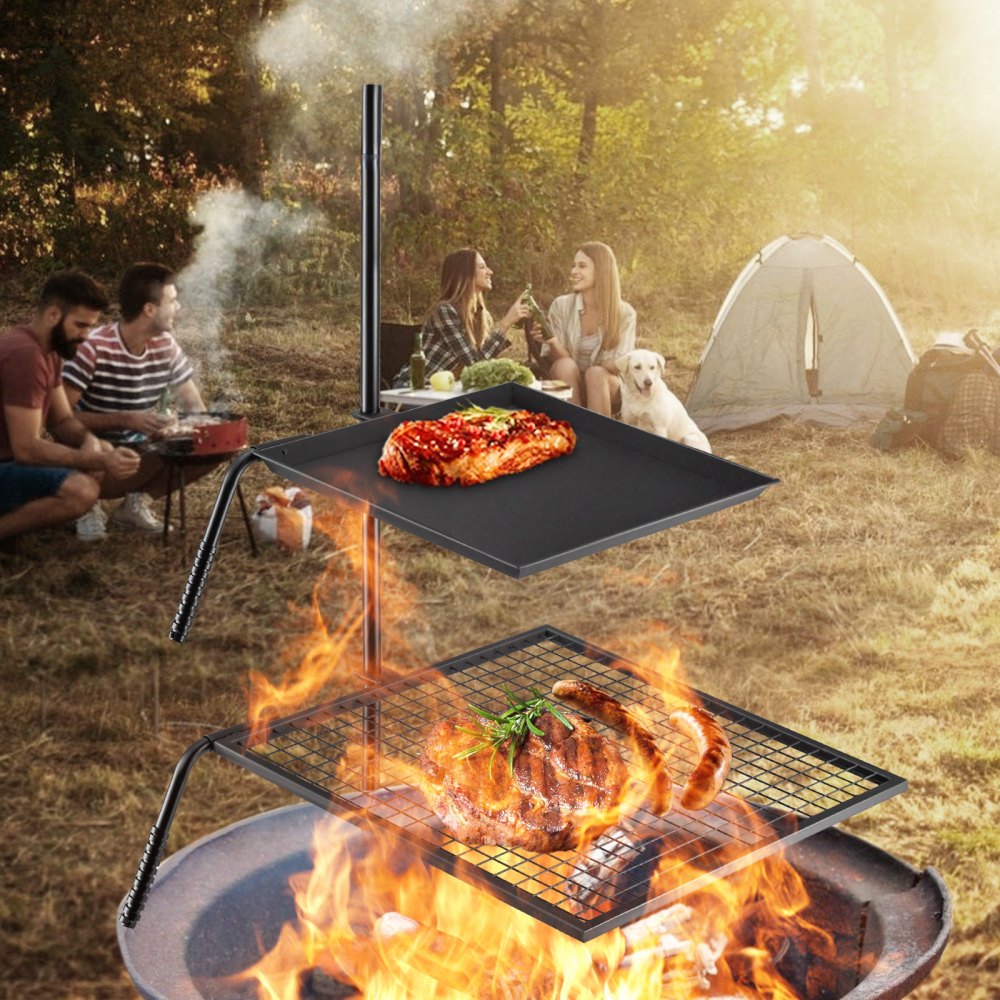 Rejilla para fogata VEVOR, de doble capa, con altura ajustable de tres secciones para cocinar al aire libre con llama abierta.