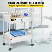 VEVOR Carro de laboratorio, 2 niveles Carro utilitario de acero inoxidable Carro médico 2 cajones Carro de laboratorio rodante Carro de servicio de pintura blanca con ruedas de 360° para laboratorio Hospital Oficina dental Salón de belleza