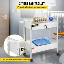 VEVOR Carro de laboratorio, 2 niveles Carro utilitario de acero inoxidable Carro médico 2 cajones Carro de laboratorio rodante Carro de servicio de pintura blanca con ruedas de 360° para laboratorio Hospital Oficina dental Salón de belleza