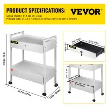 VEVOR Carro de laboratorio, 2 niveles Carro utilitario de acero inoxidable Carro médico 2 cajones Carro de laboratorio rodante Carro de servicio de pintura blanca con ruedas de 360° para laboratorio Hospital Oficina dental Salón de belleza