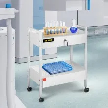 VEVOR Carro de laboratorio, 2 niveles Carro utilitario de acero inoxidable Carro médico 2 cajones Carro de laboratorio rodante Carro de servicio de pintura blanca con ruedas de 360° para laboratorio Hospital Oficina dental Salón de belleza