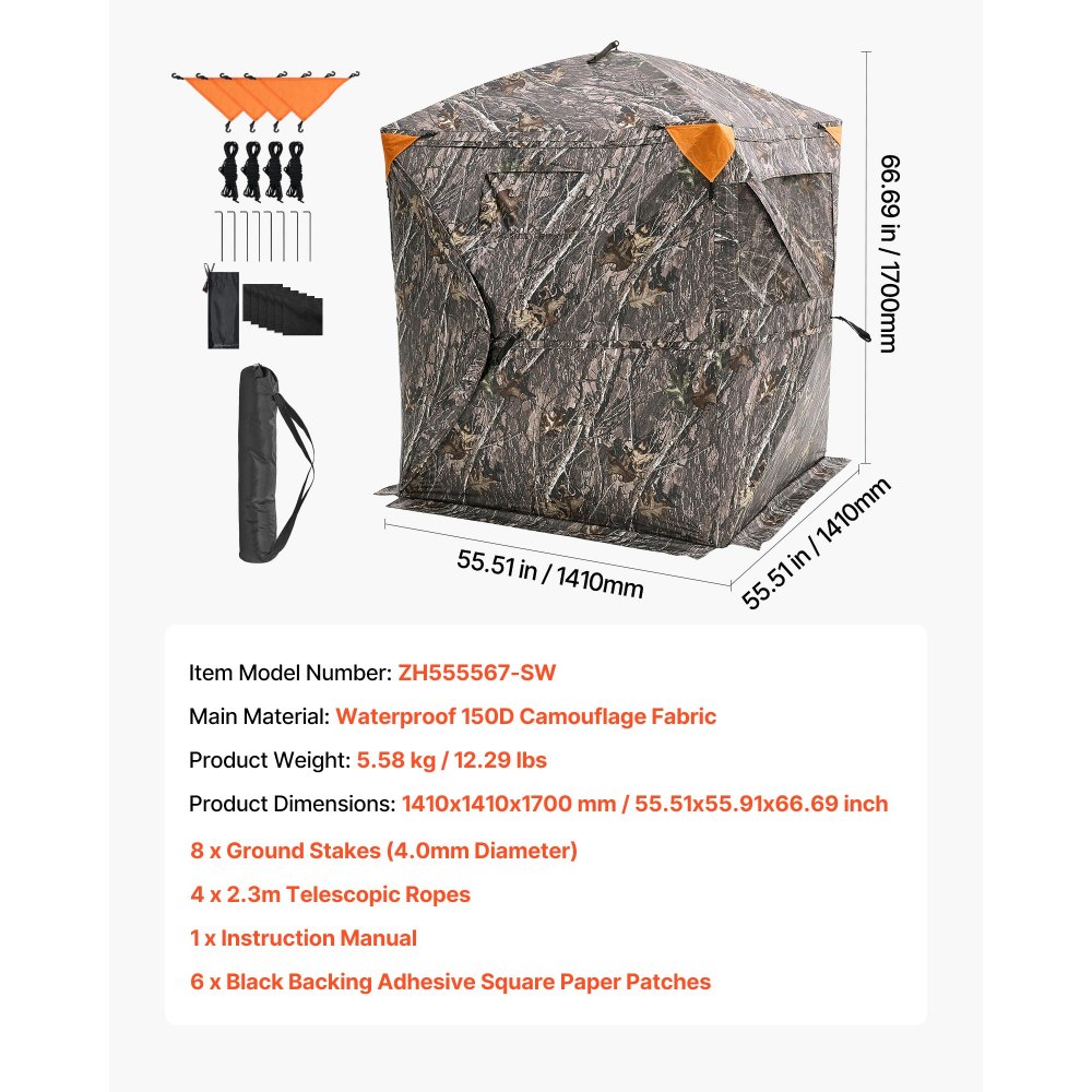 VEVOR Tienda de Caza Portátil Visión de 270° Puesto de Caza Plegable para 1 o 2 Personas con Bolsa de Transporte Tienda de Camuflaje Resistente con 3 Ventanas Horizontales, 1410 x 1410 x 1700 mm