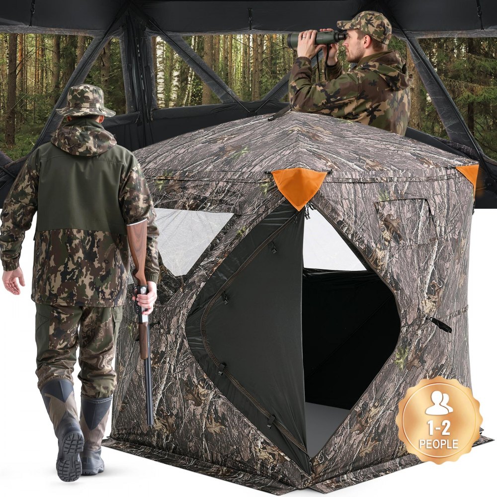 VEVOR Tienda de Caza Portátil Visión de 270° Puesto de Caza Plegable para 1 o 2 Personas con Bolsa de Transporte Tienda de Camuflaje Resistente con 3 Ventanas Horizontales, 1410 x 1410 x 1700 mm